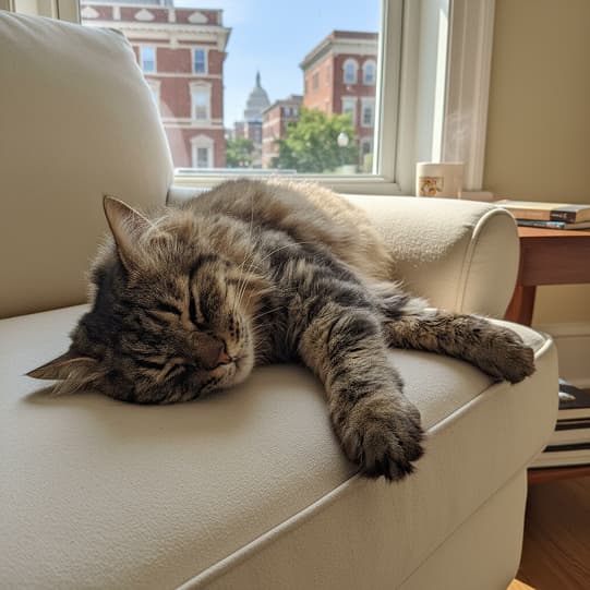 Fluffy long-haired tabby cat napping on sofa with sunlit city view